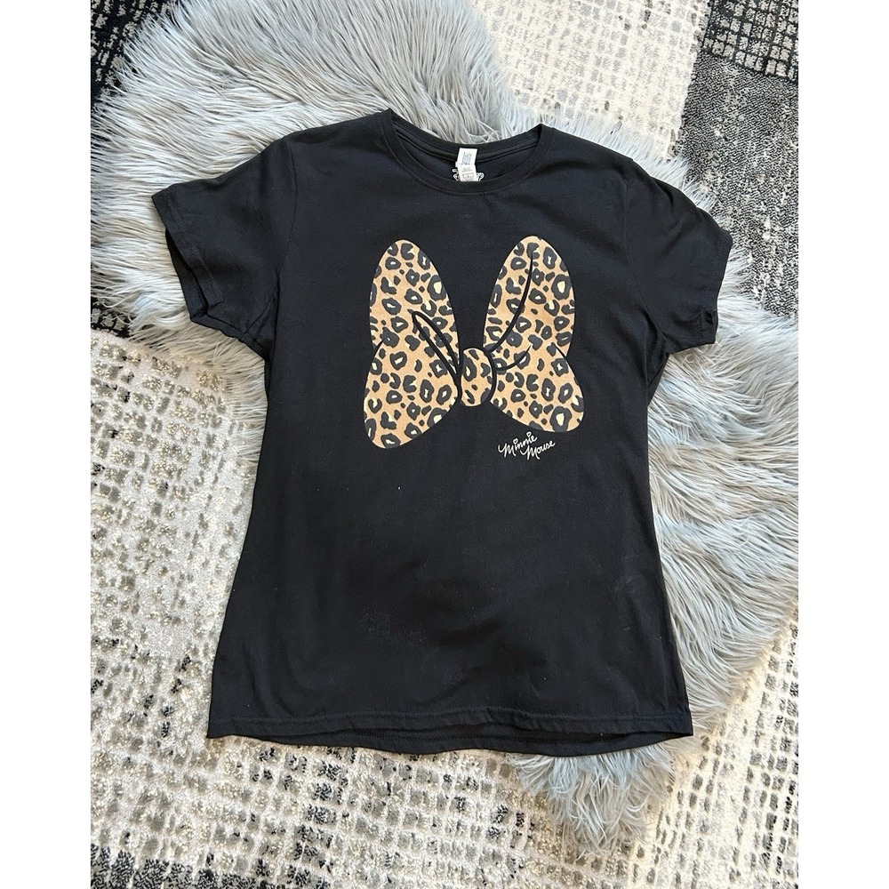 Disney Minnie Mouse Leopard Print‎ Bow Black T-shirt Size Large